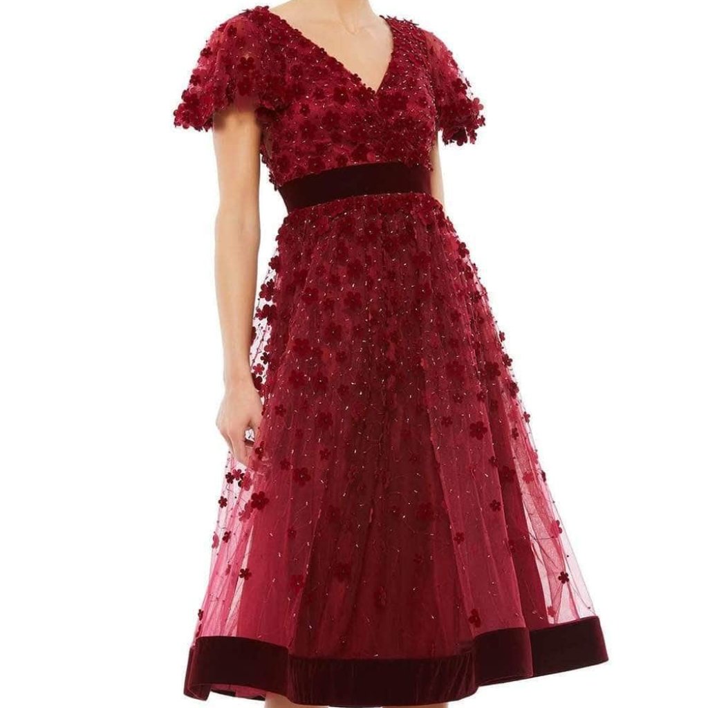 Nwt Mac Duggal Burgundy Embellished Flower Midi Velvelt Trimmed Gown 16 67854